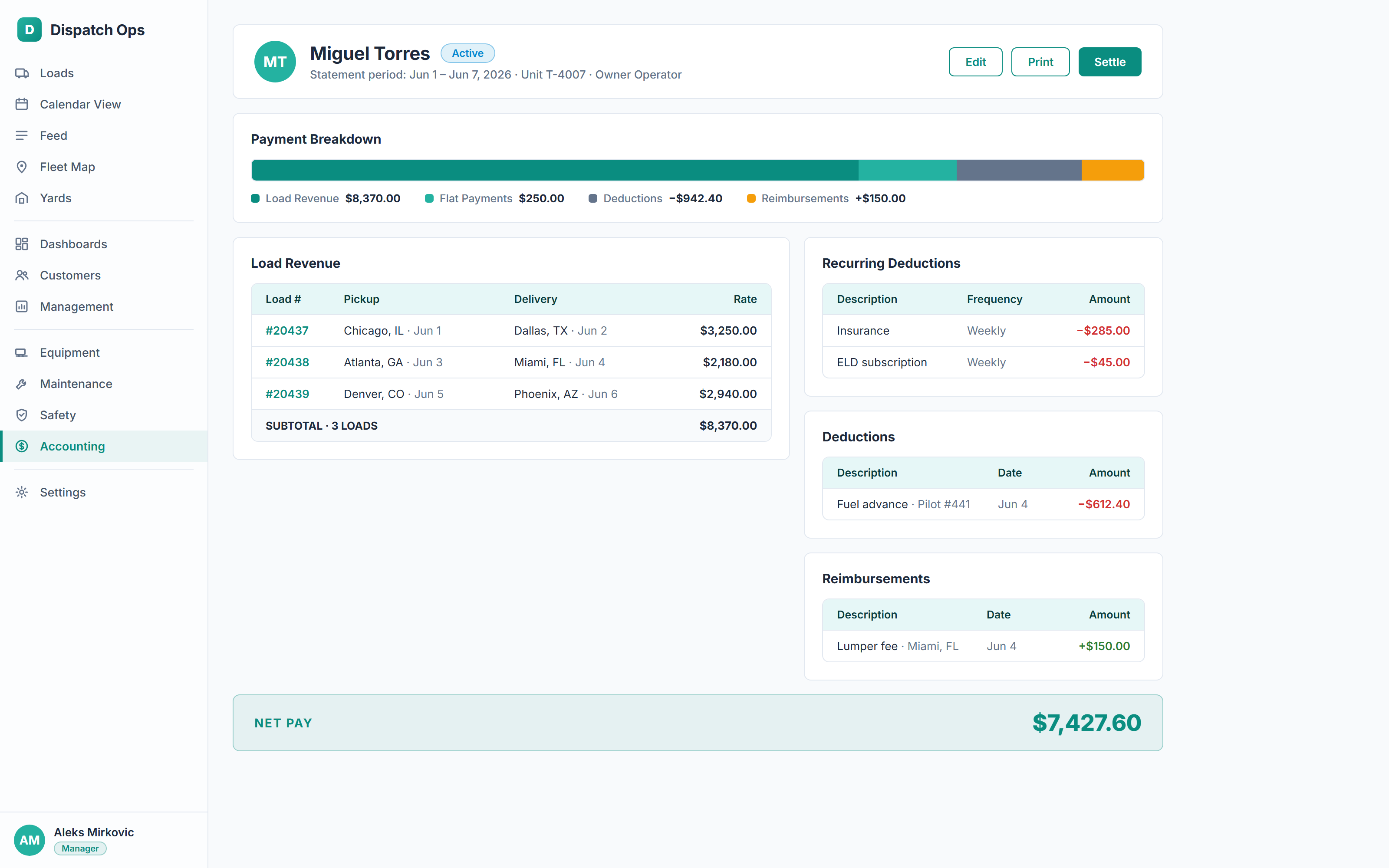 CargIQ driver settlement statement with load earnings, fuel advances, and recurring deductions calculated automatically